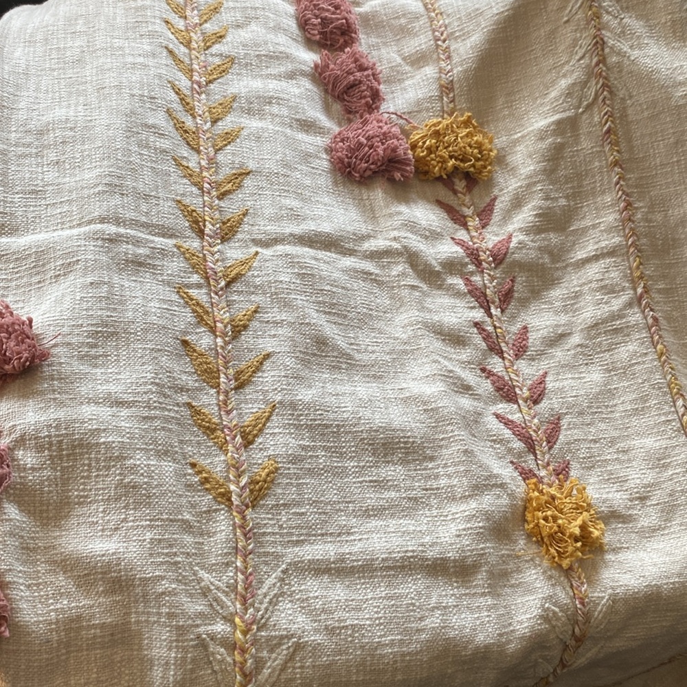 Embroidered Throw Cotton White Beige With Pom Poms Boho Handmade